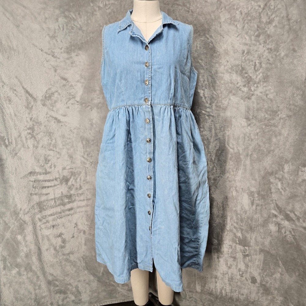 Vintage Denim Dress Women 18/38 Blue Sleeveless Button Down Midi Pockets Cotton